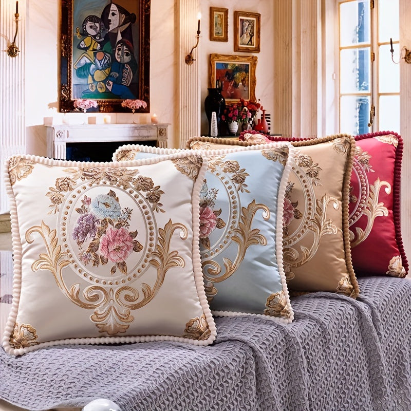 Embroidery Rose Floral Jacquard Square Throw Pillow Cover Single-Sided Home Decor