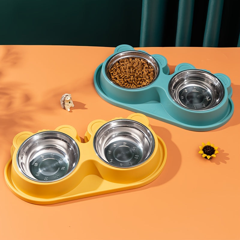 Stainless Steel Double Dog Bowls Set on Spill-Proof Stand for Drinking and Feeding