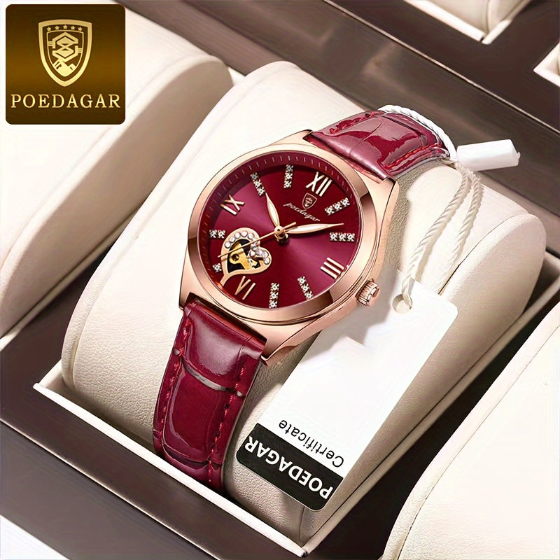 Women's Heart-Shaped Rhinestone Watch with Luminous Dial and Leather Band