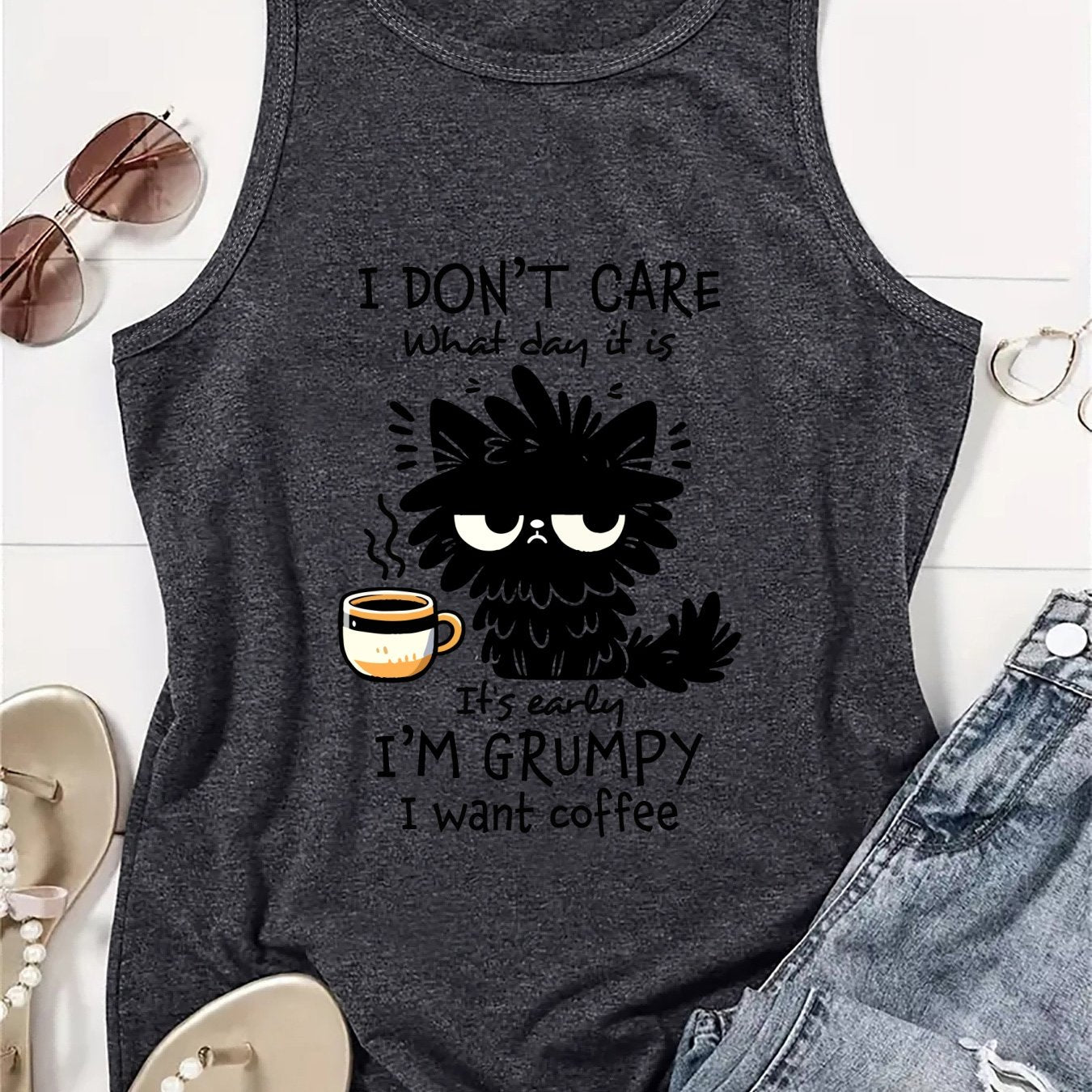 Plus Size Women's Black Cat Graphic Tank Top Breathable Sleeveless Shirt