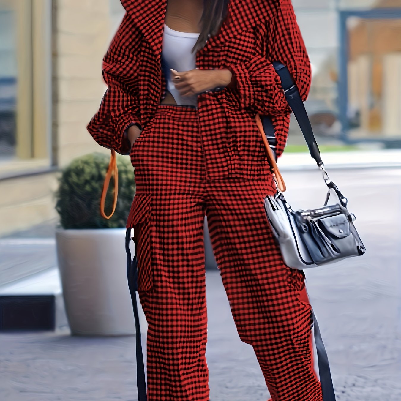 Women's Gingham Pantsuit with Lapel Collar and Zipper Details for Fall Winter