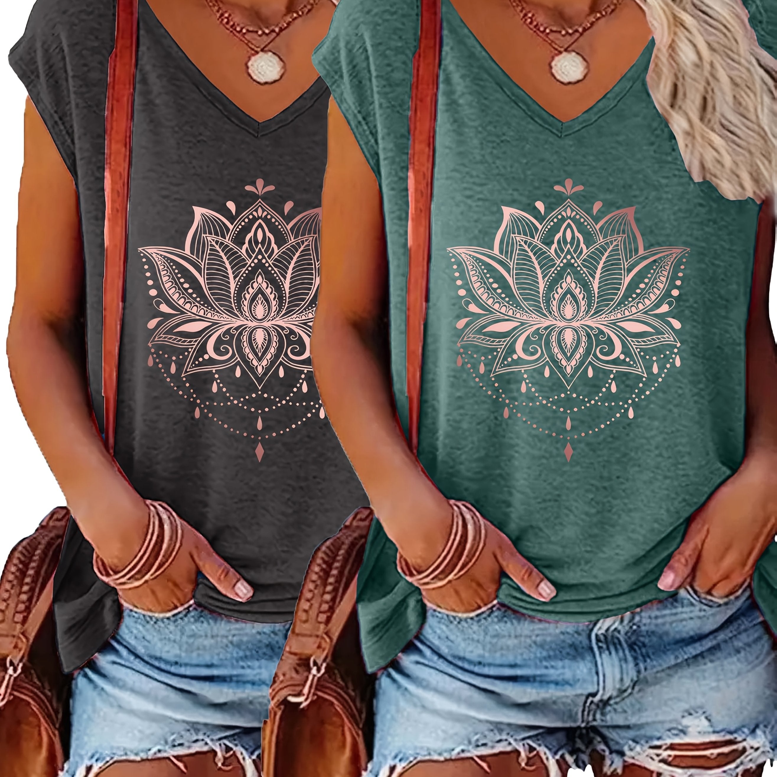 Plus Size Women's V-Neck T-Shirts Set with Floral Print Short Sleeve Casual Tops