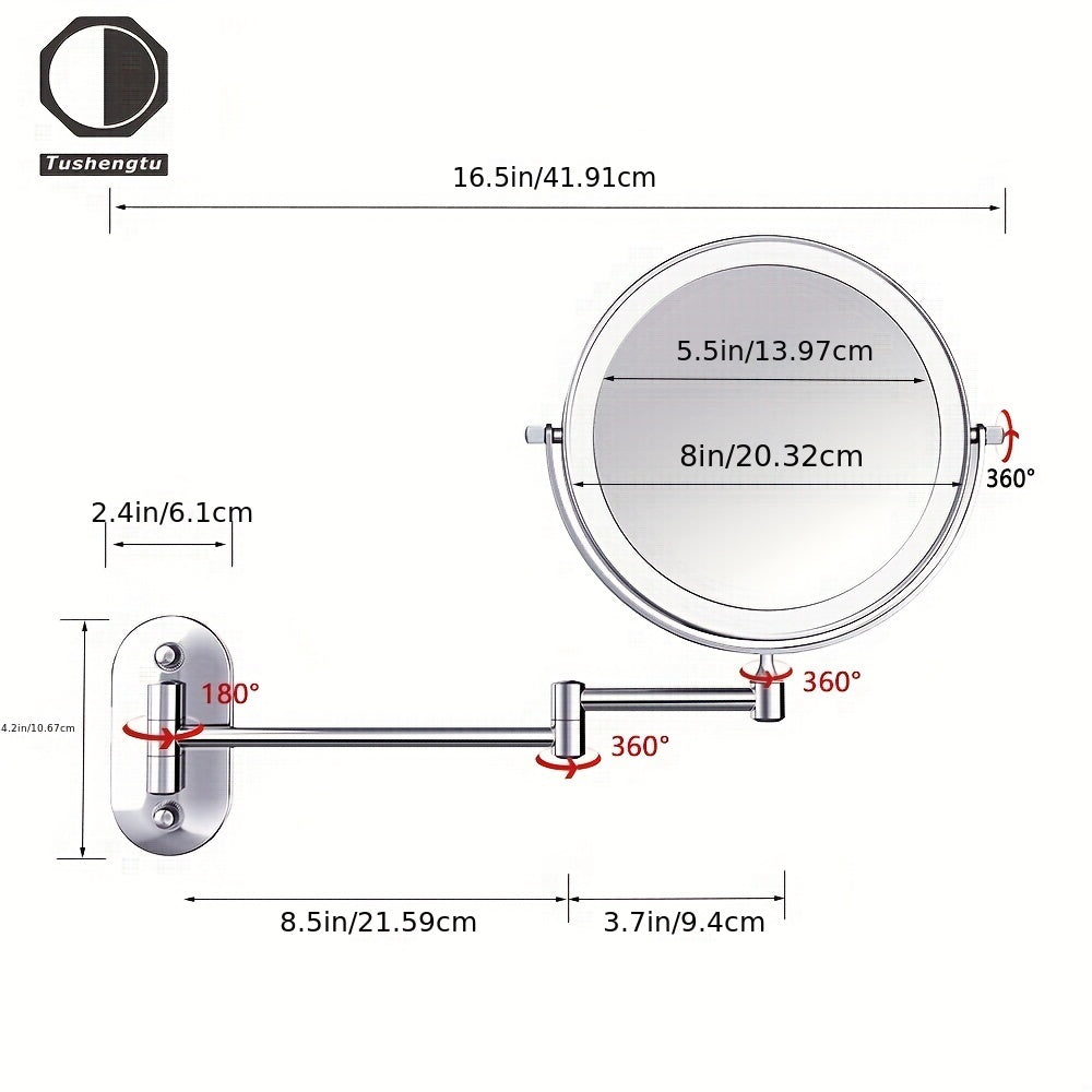 LED Dual-Sided Wall Mount Makeup Mirror with Adjustable Brightness and Foldable Swivel Arm