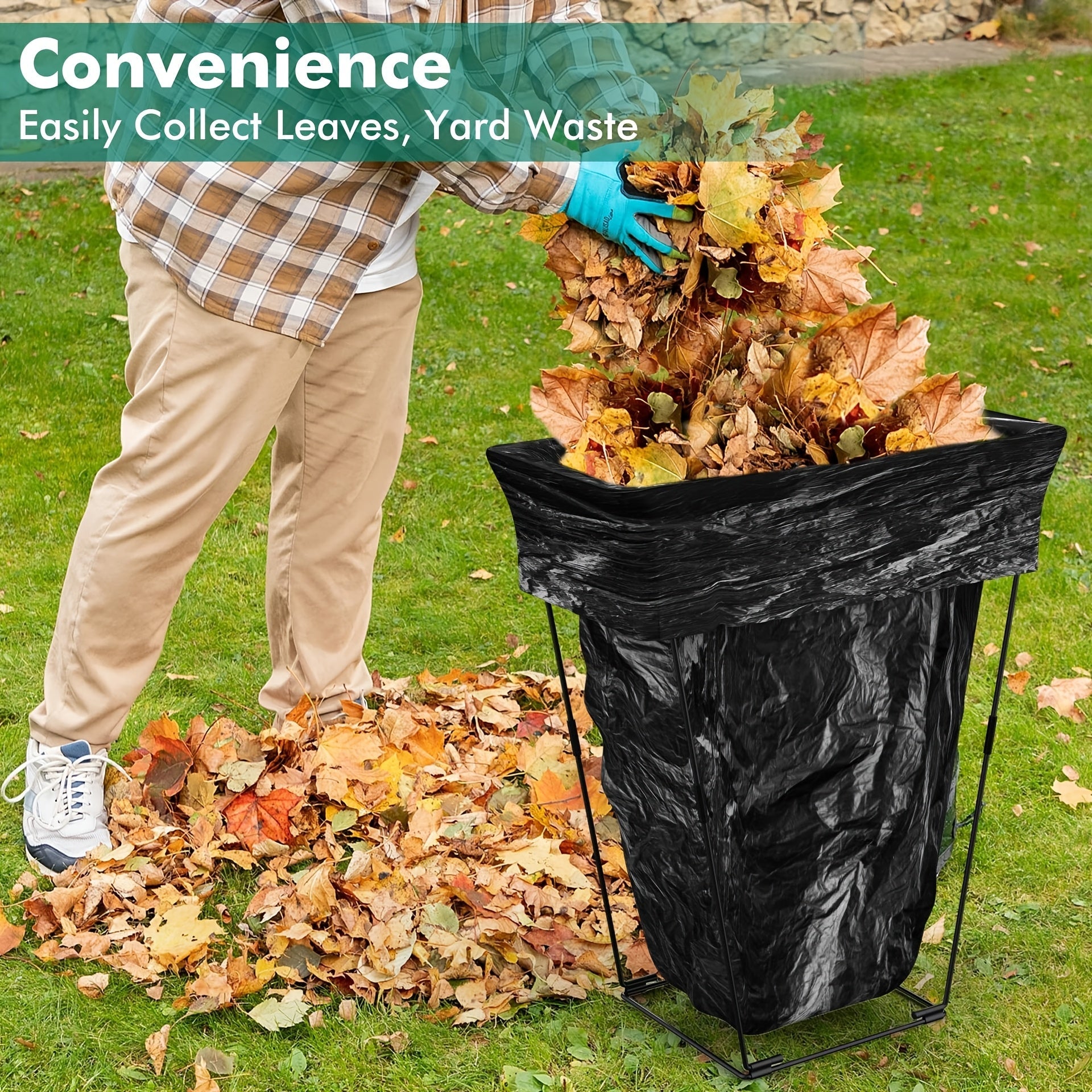 Mustahkam Metall Bog‘ Trash Bag Rack, 113.56-170.34 L tutadi - Barg to‘plash va Ochiq havoda faoliyatlar uchun ideal. Kamping, Piknik, O‘rim va boshqa ishlar uchun qulay kirish. Axlat sumkalarini qo‘llab-quvvatlaydi, ko‘p funksiyali dizayn.
