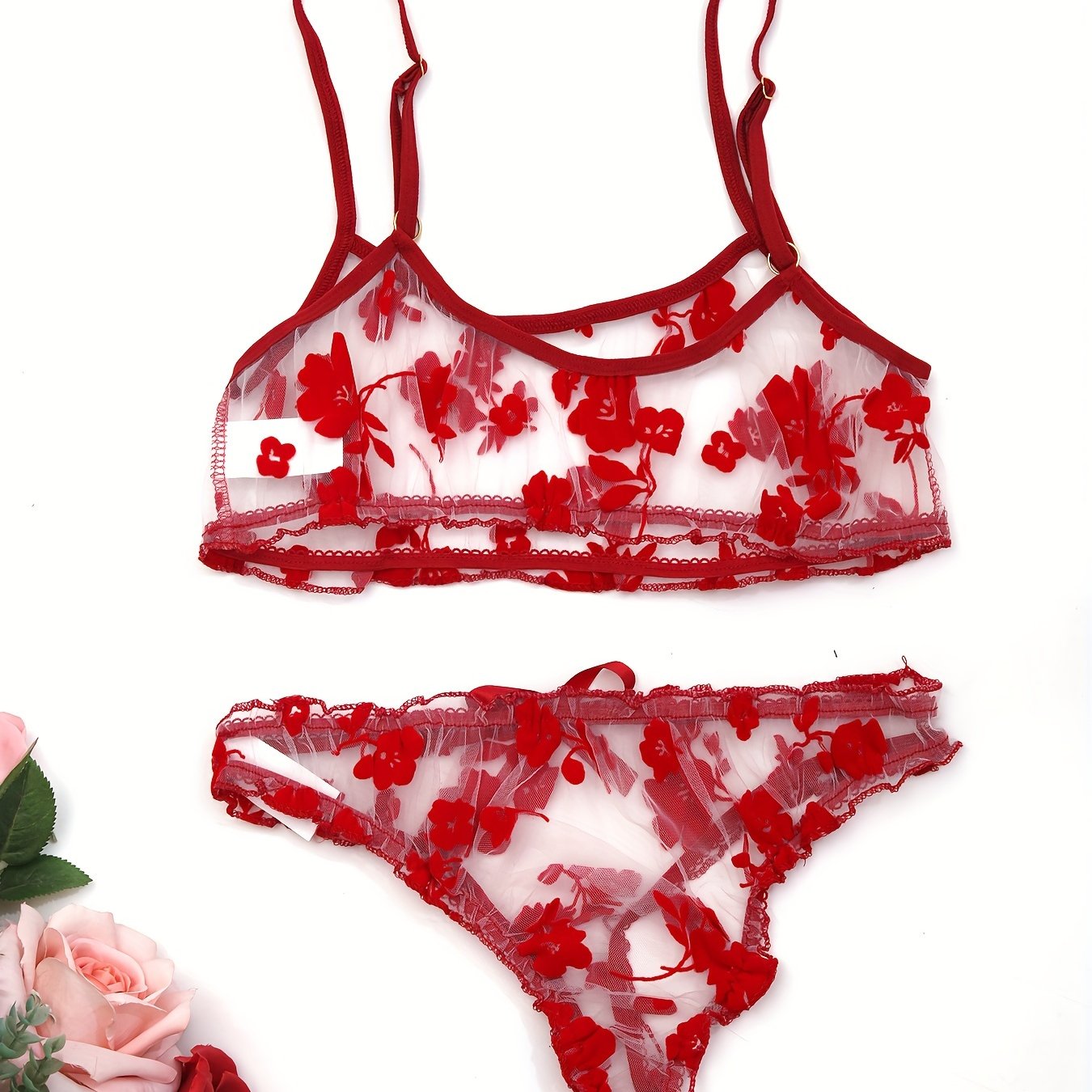 Women's Mesh Flower Lingerie Set with Transparent Details 2 Pieces Adult Size