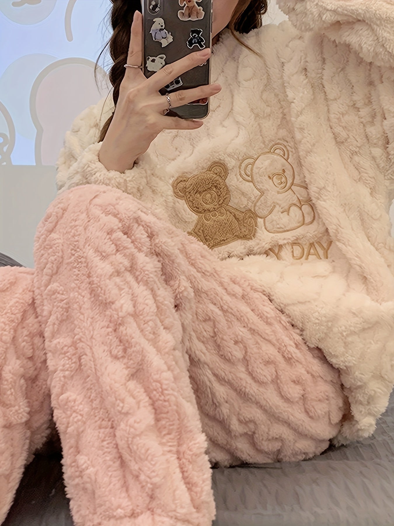 Women's Bear Print Fuzzy Pajama Set with Long Sleeve Top and Pants for Sleepwear and Loungewear