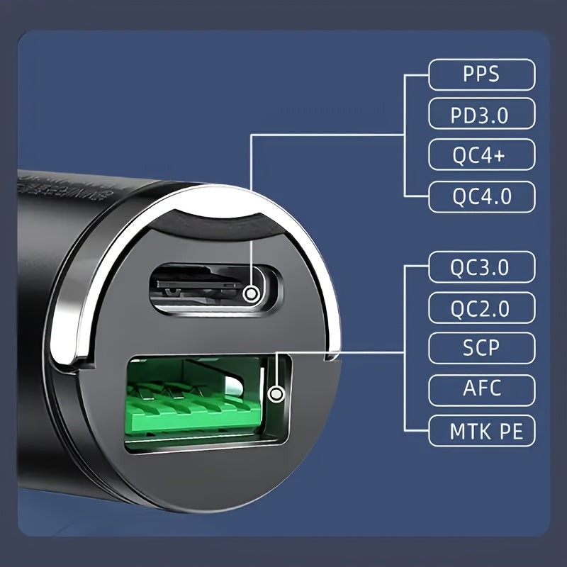 2-in-1 Car Charger with PD Fast Charge USB and Type C Quick Charge 3.0 Mini Hidden Design