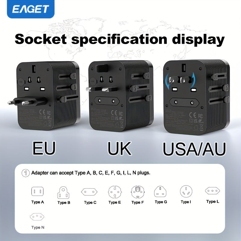 EAGET PD 20W Universal Sayohat Zaryadlovchisi 2 USB-A va 2 USB-C Port bilan, iPhone, Samsung, Vivo, Xiaomi uchun Tez Zaryad, Bir nechta Mamlakatlar uchun Barcha-in-Bir Socket Adapter, Siqilgan va Mustahkam.
