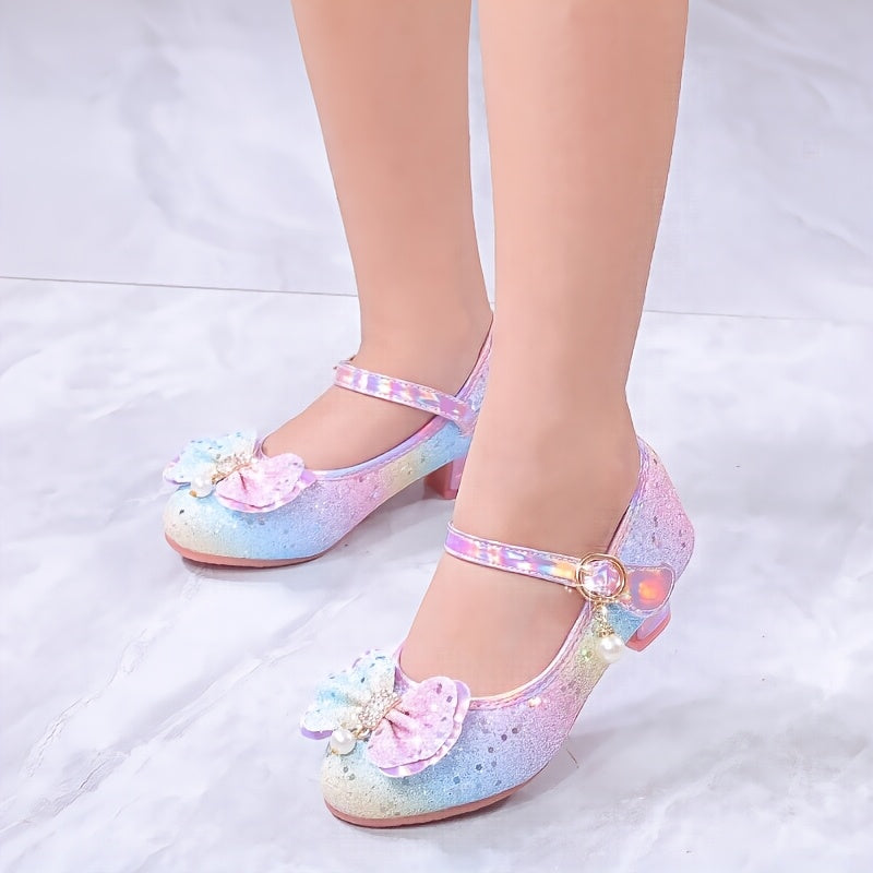 Girls Sequin High Heels with Bowknot Glittery Pastel Colors for Parties and Performances