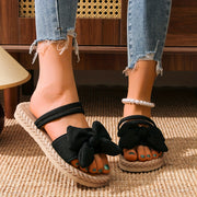 Women's Breathable Fabric Slip-On Open-Toe Sandals with Black Bow