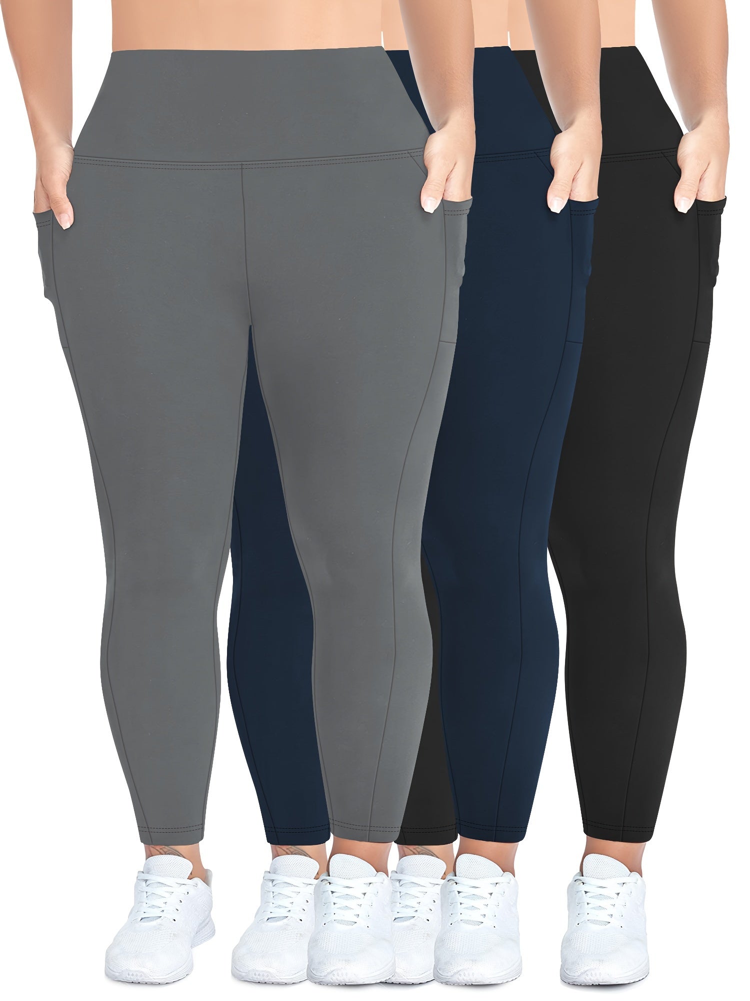 Plus Size Womens Leggings with Pockets High Waisted Tummy Control Black Yoga Pants 3 Pack