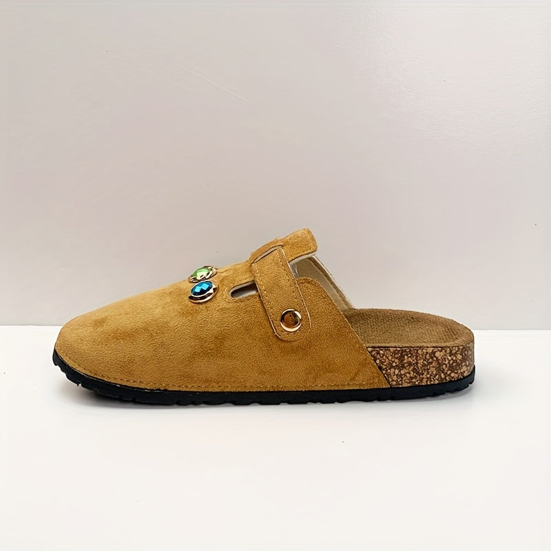 Women's Beige Fabric Slip-On Mules with Sparkling Red and Green Gems