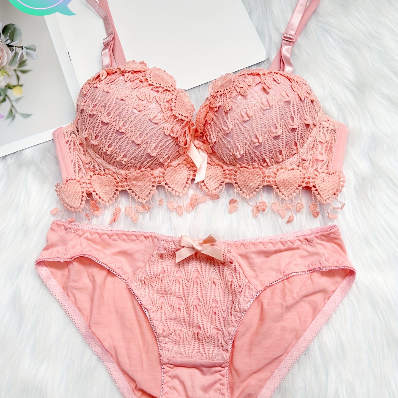 Women Red Heart Embroidery Lingerie Set with Push-Up Bra and Removable Pads