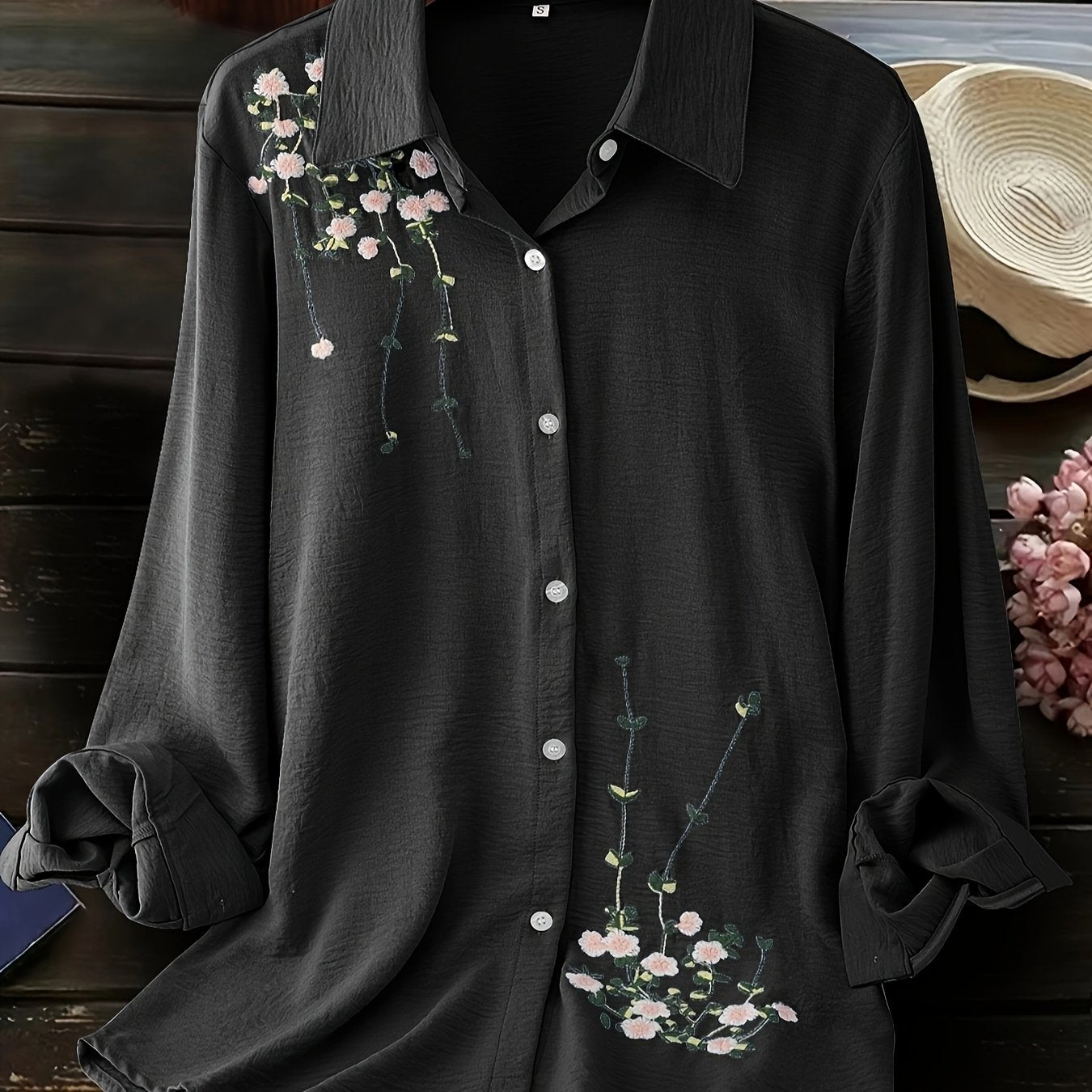 Plus Size Embroidered Polyester Blouse for Women All-Season Elegant Woven Shirting