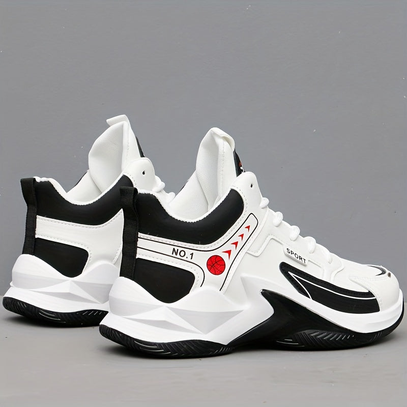 Men's White and Black High-Top Basketball Sneakers Lightweight Cushioned Insole Durable PU Upper