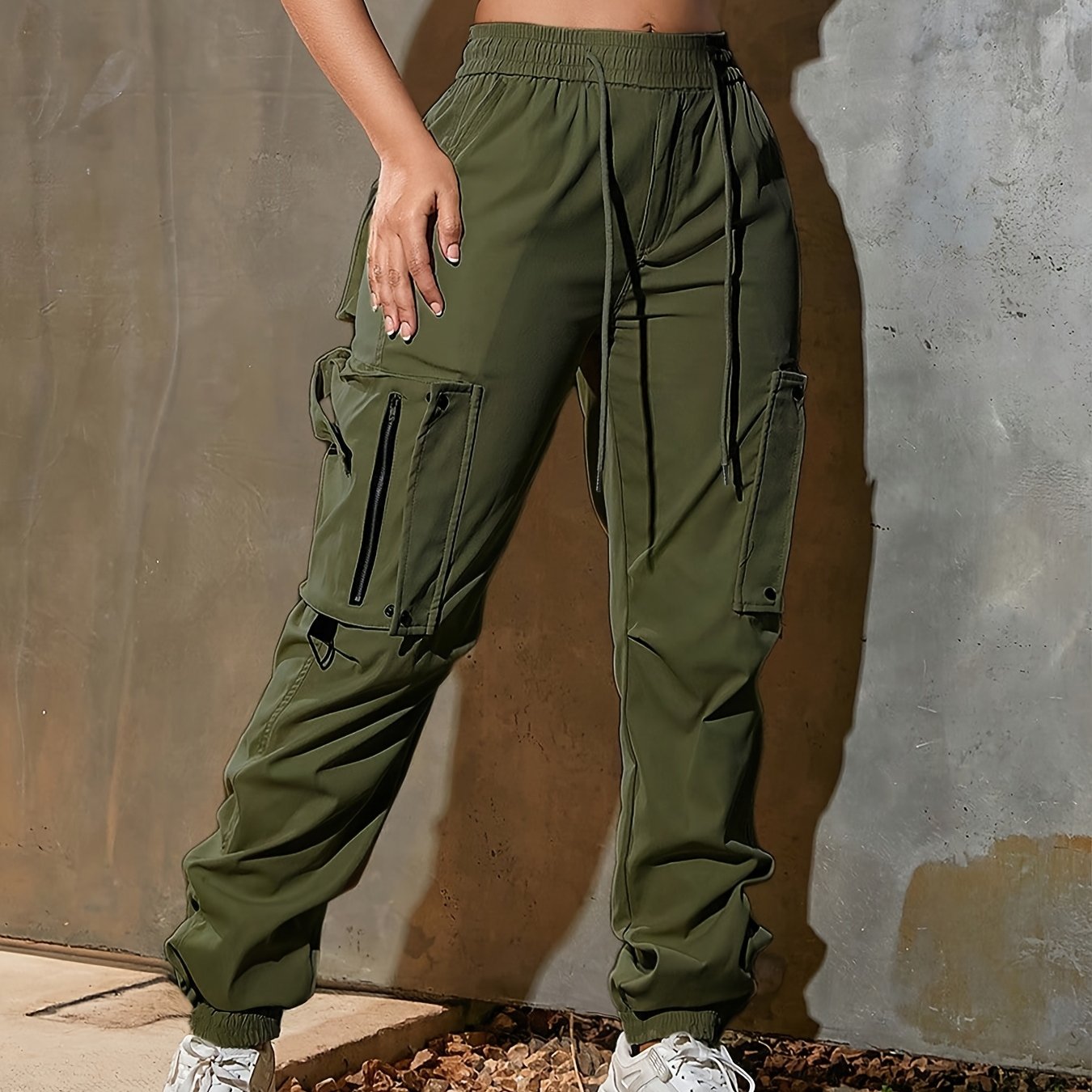 Pantalones cargo de cintura alta para mujer de corte holgado con bolsillos poliéster casual para todas las estaciones