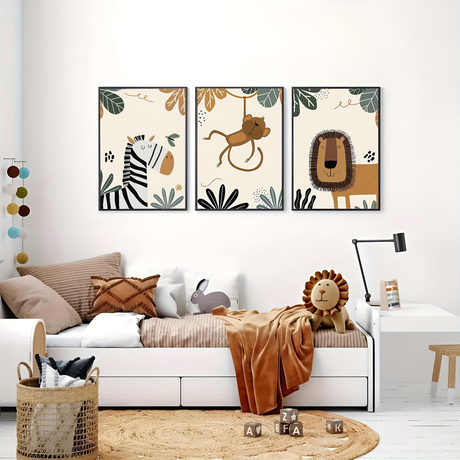 Bohemian Safari Animal Wall Art Prints Set Lion Monkey Zebra Canvas Posters for Nursery and Kids Room