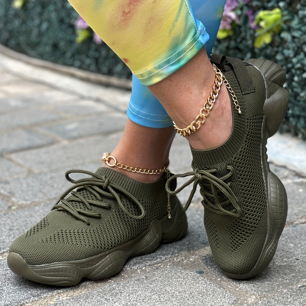Women's Casual Sneakers, Lightweight Round Toe, Lace Up, Solid Color