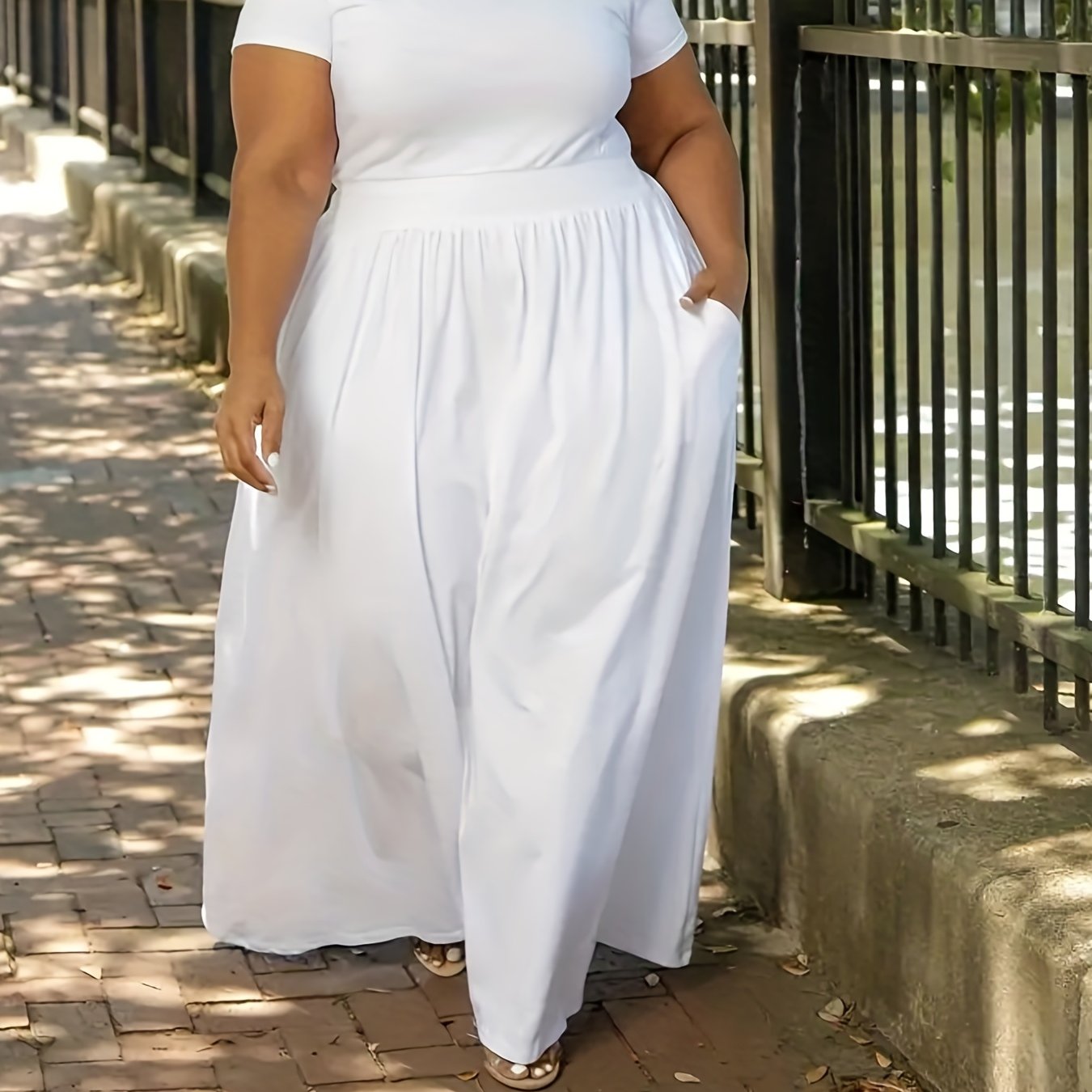 Plus Size Solid Maxi Dress with Short Sleeves, Medium Stretch, Crew Neck