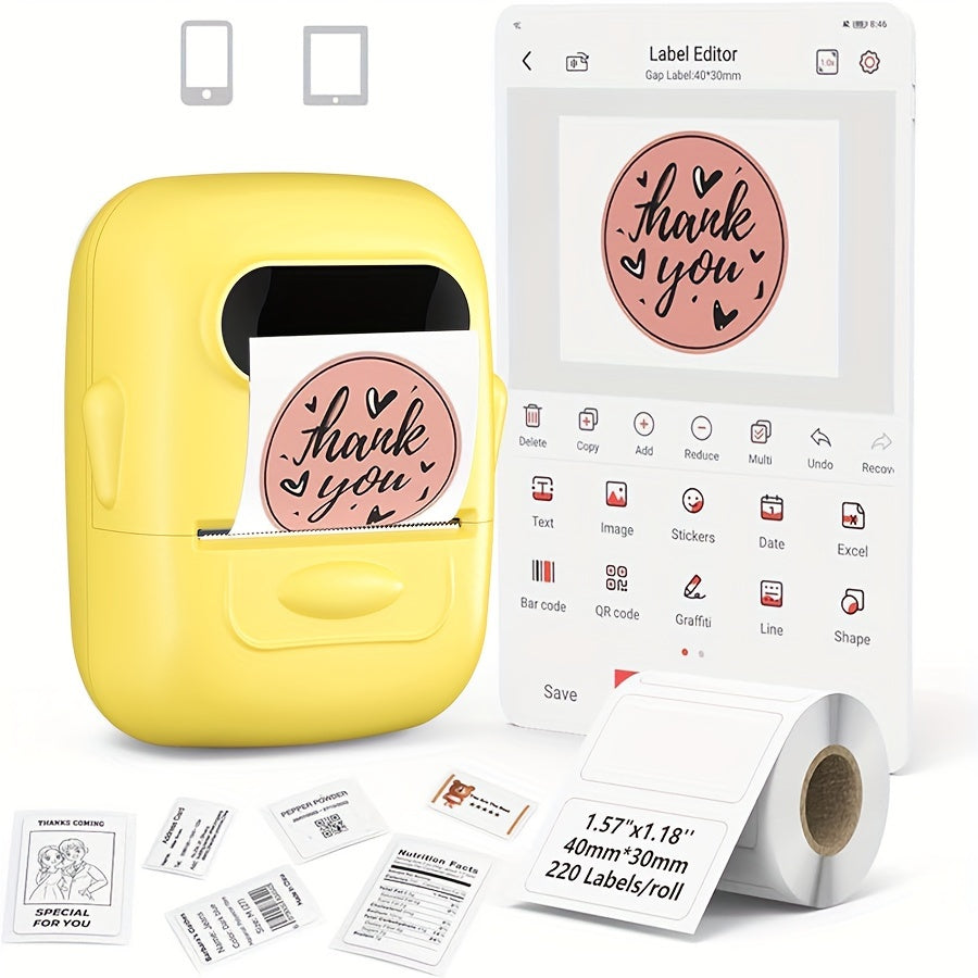Portable Thermal Label Printer for Android iOS Wireless Battery-Powered Monochrome 40x30mm Stickers