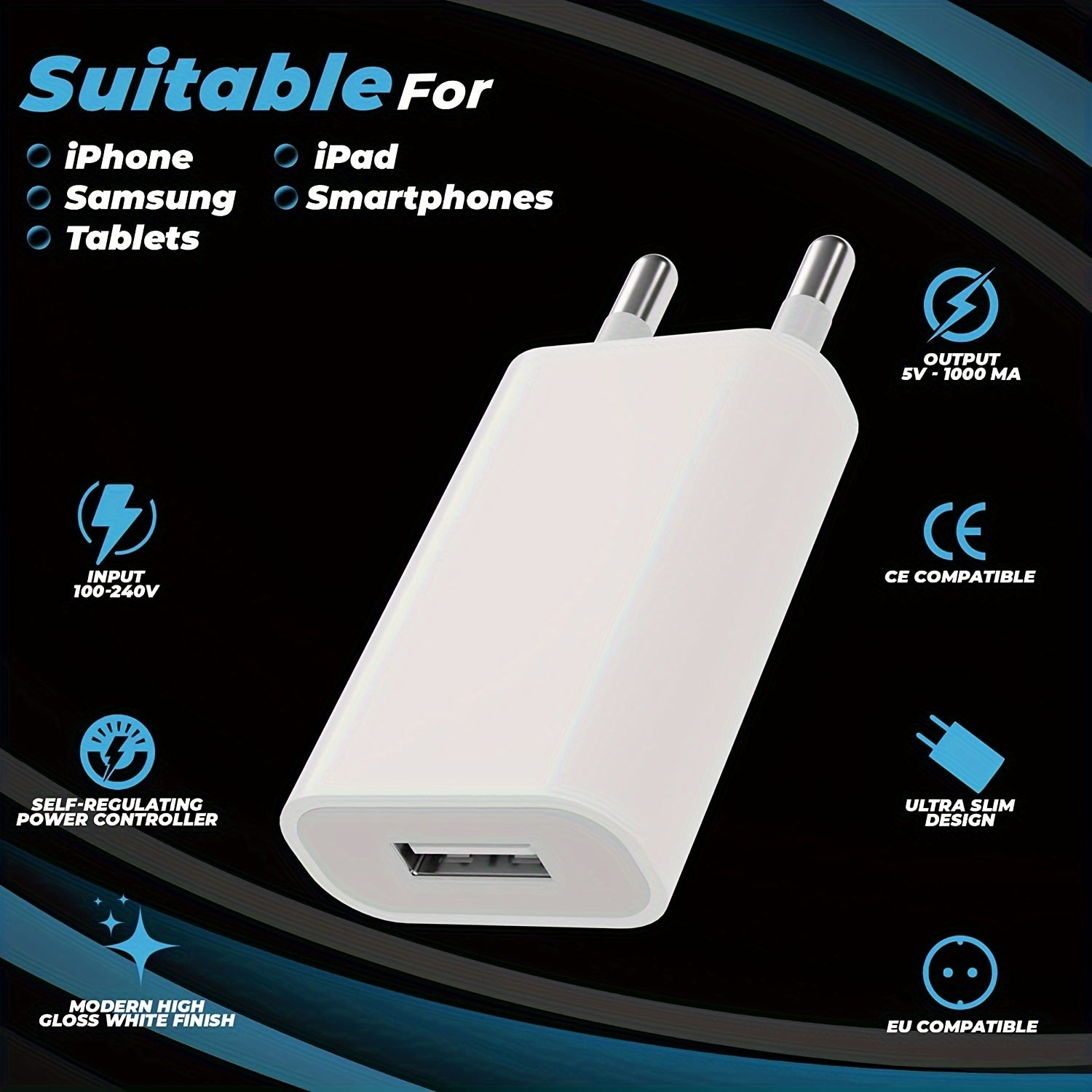 Set of Four White 5V 1A USB Wall Chargers for Mobile Phones and Devices