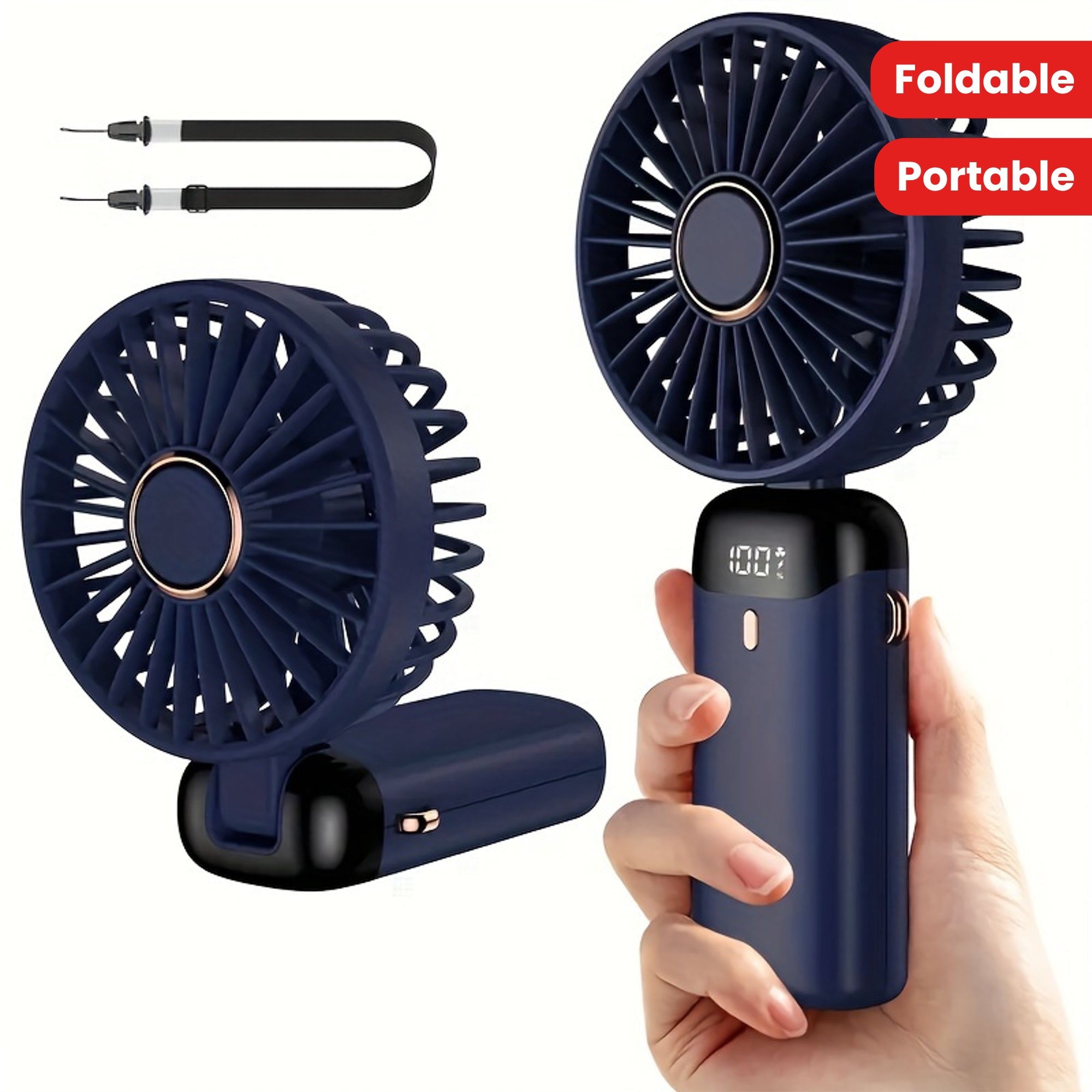 Portable Mini Fan with 5-Speed Settings LED Display USB Rechargeable Touch Control Foldable Indoor Outdoor