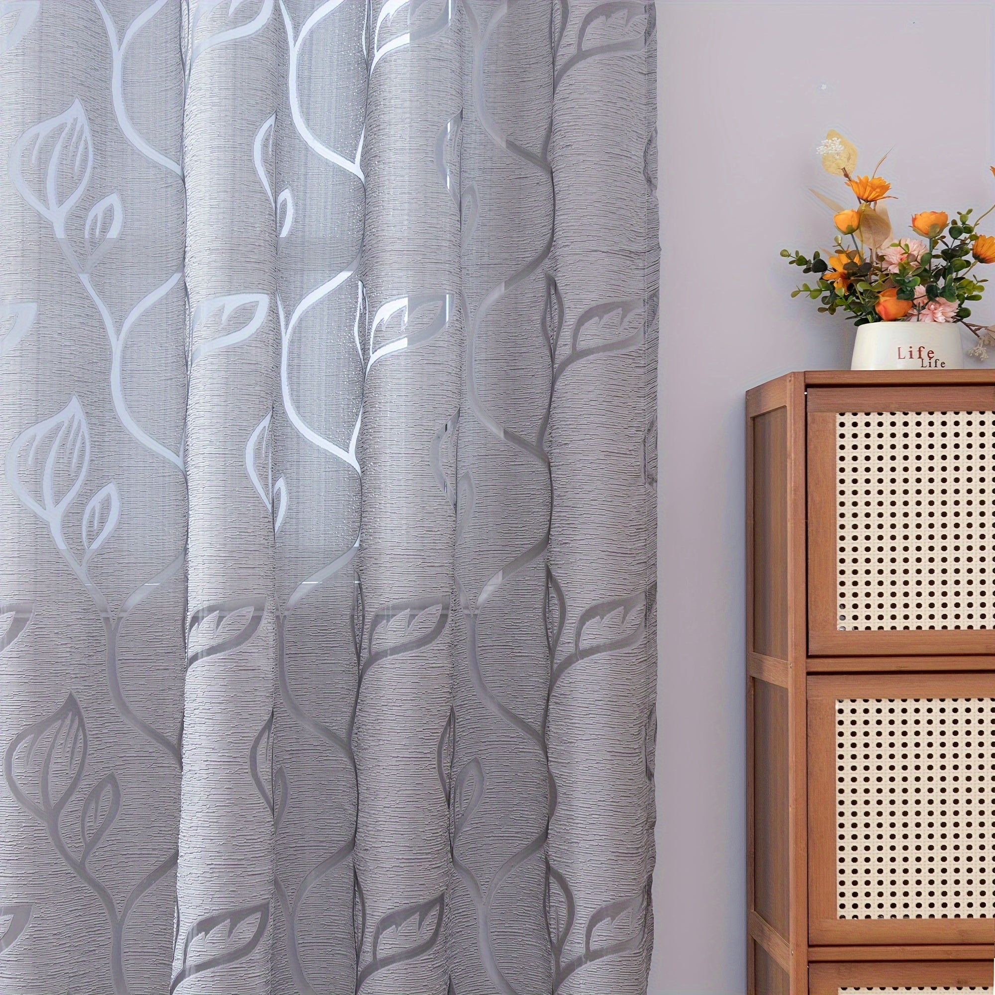Gray Floral Sheer Curtain with Rod Pocket for Living Room and Bedroom