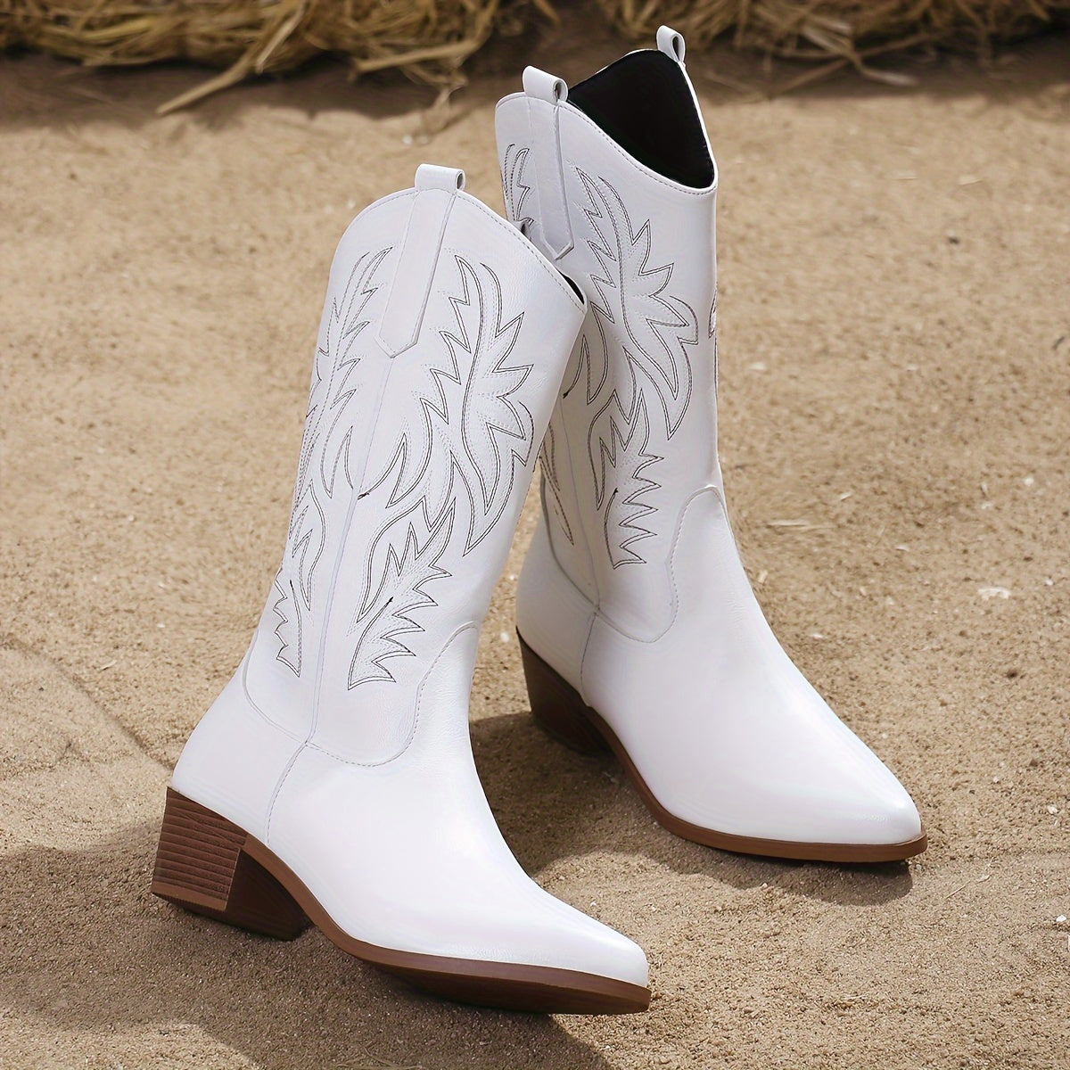 Women's Western Style Mid-Calf Boots with Baroque Embroidery Light Color