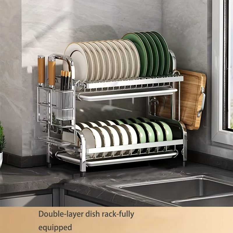 Organizador de cocina de acero inoxidable, estante para platos de 2 niveles con sistema de drenaje