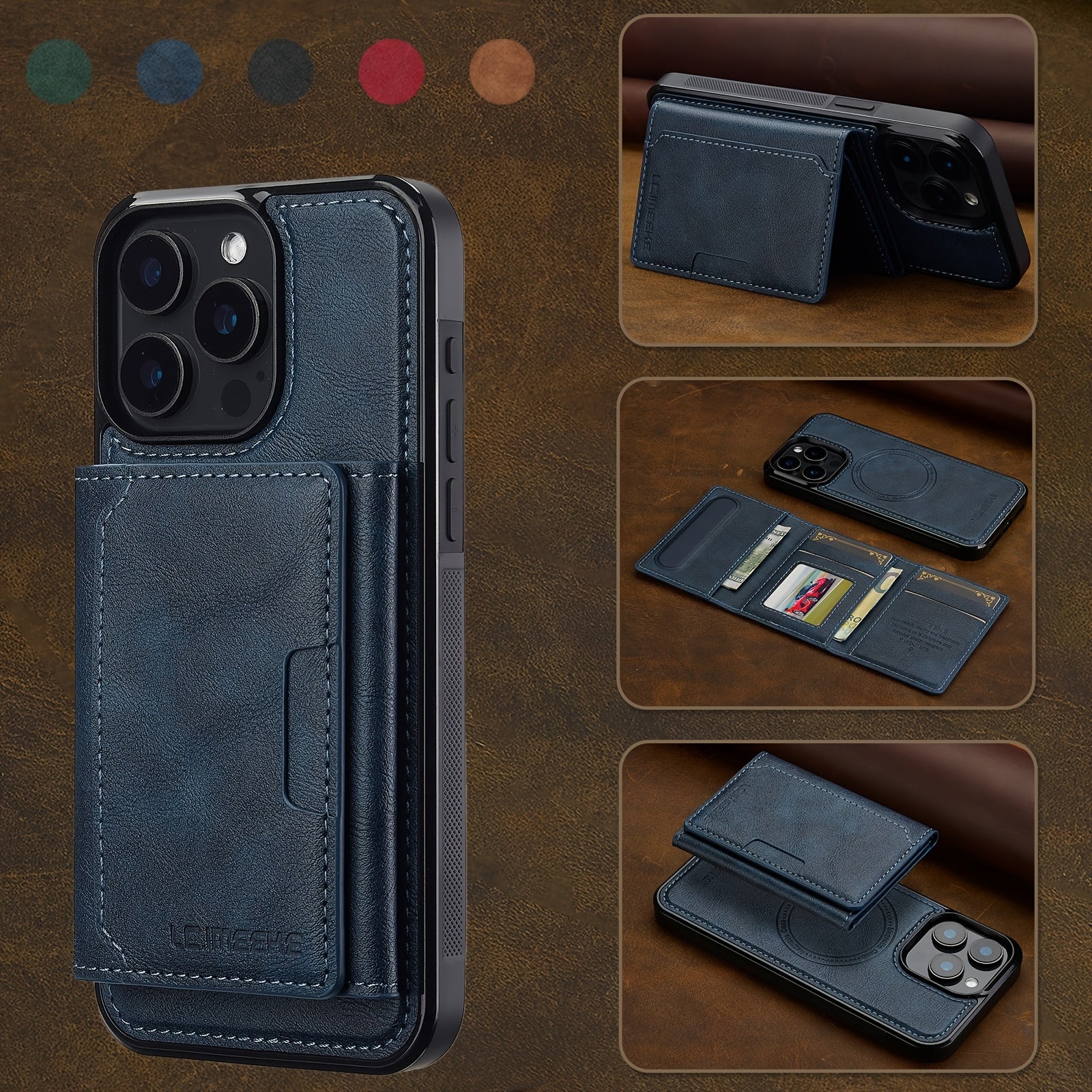 Funda de teléfono de cuero sintético desmontable para iPhone 11-16 con ranuras para tarjetas y carga inalámbrica magnética