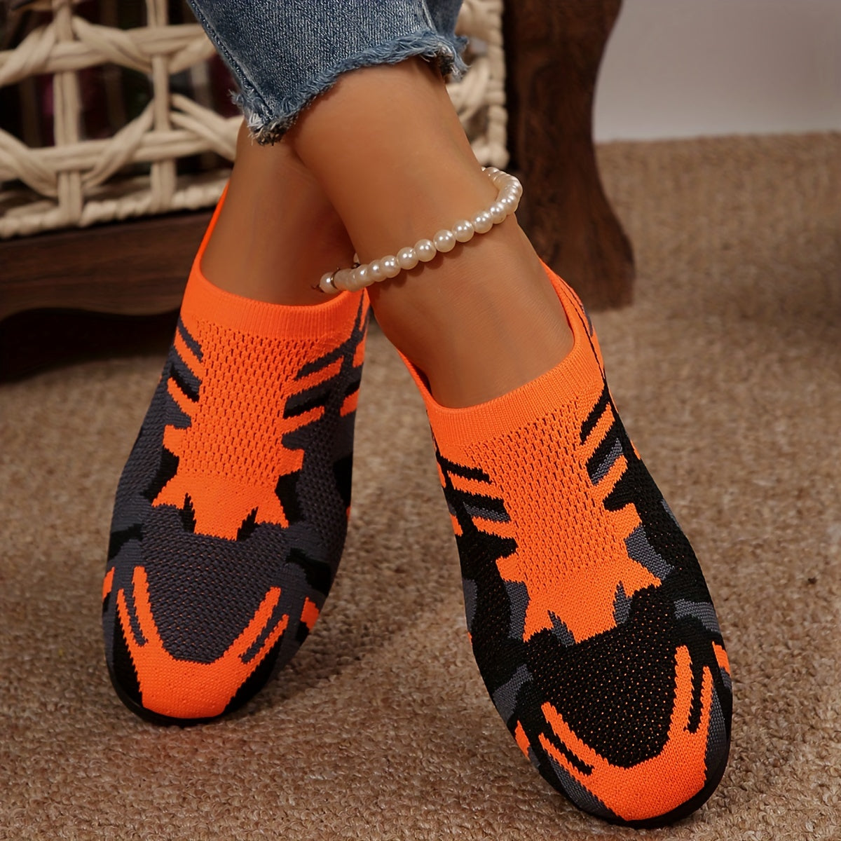 Women's Camouflage Flat Shoes Breathable Knit Slip-On Outdoor Sneakers