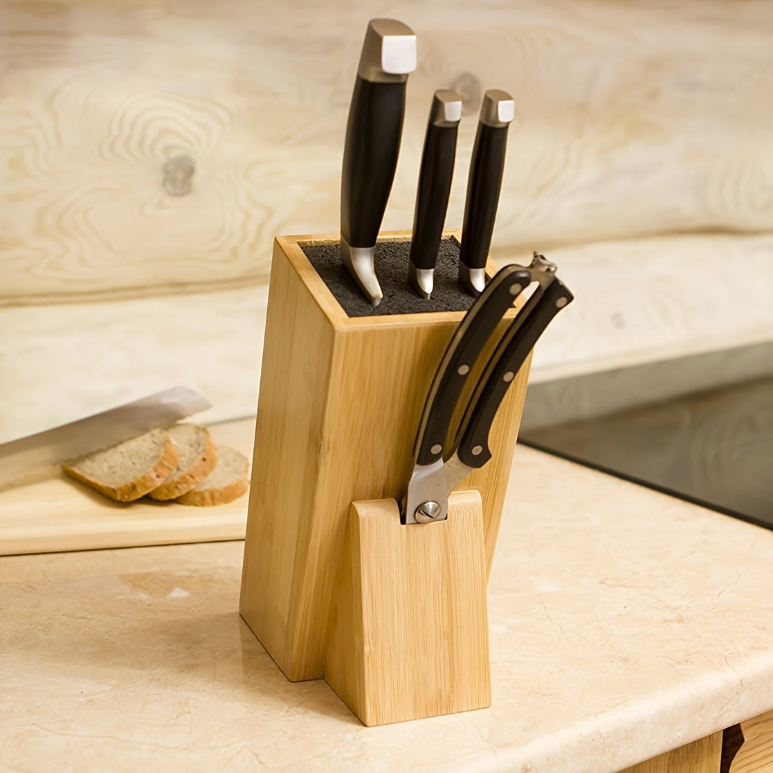 Universal Bamboo Knife Block with Removable Washable Lining for Versatile Kitchen Storage