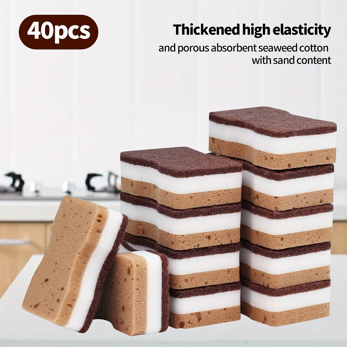 Трехслойные губки для мытья посуды из водорослей в упаковках по 5, 10, 20 или 40 штук. Высококачественные, прочные, нецарапающие кухонные губки, которые обладают высокой впитывающей способностью. Идеально подходят для мытья посуды и протирания, часть из