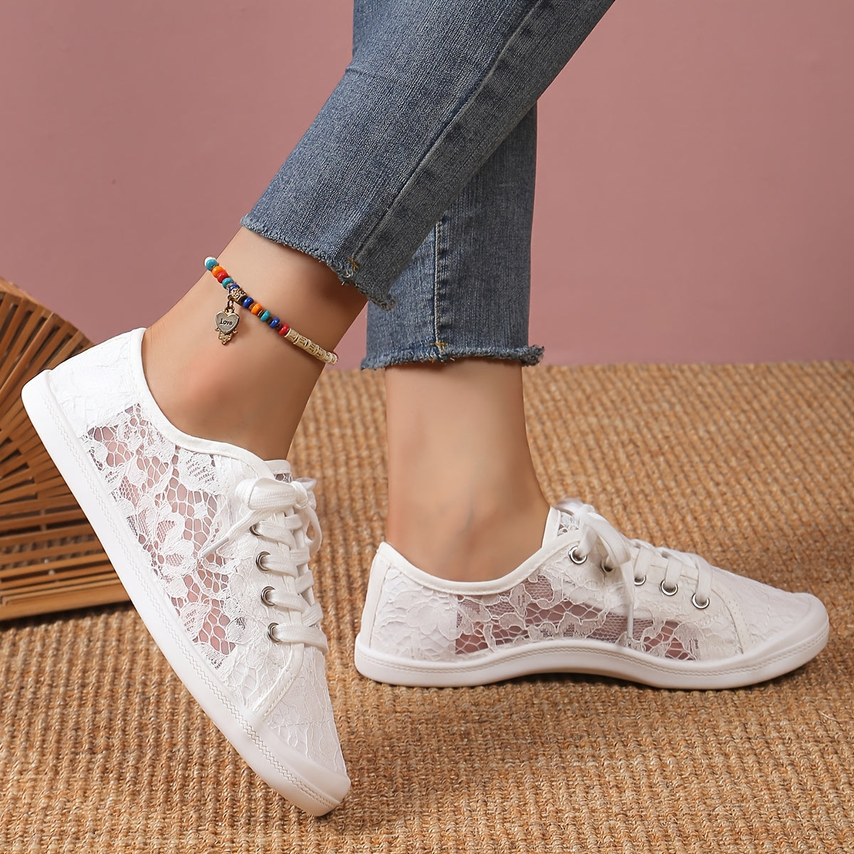 Women's White Lace Casual Flat Sneakers Breathable Comfortable Trendy