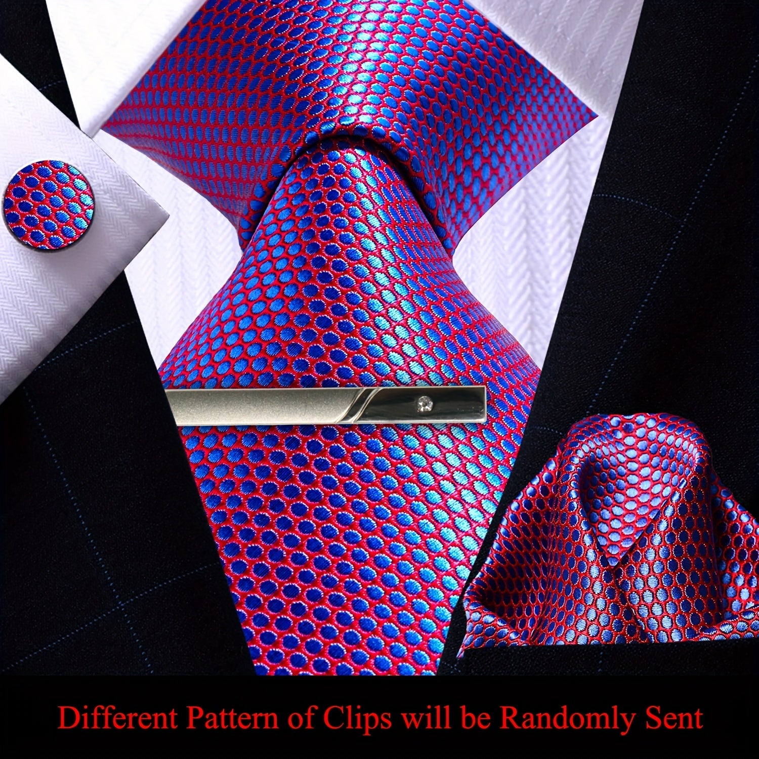 Men's Plaid Tie Pocket Square Cufflinks and Clip Set