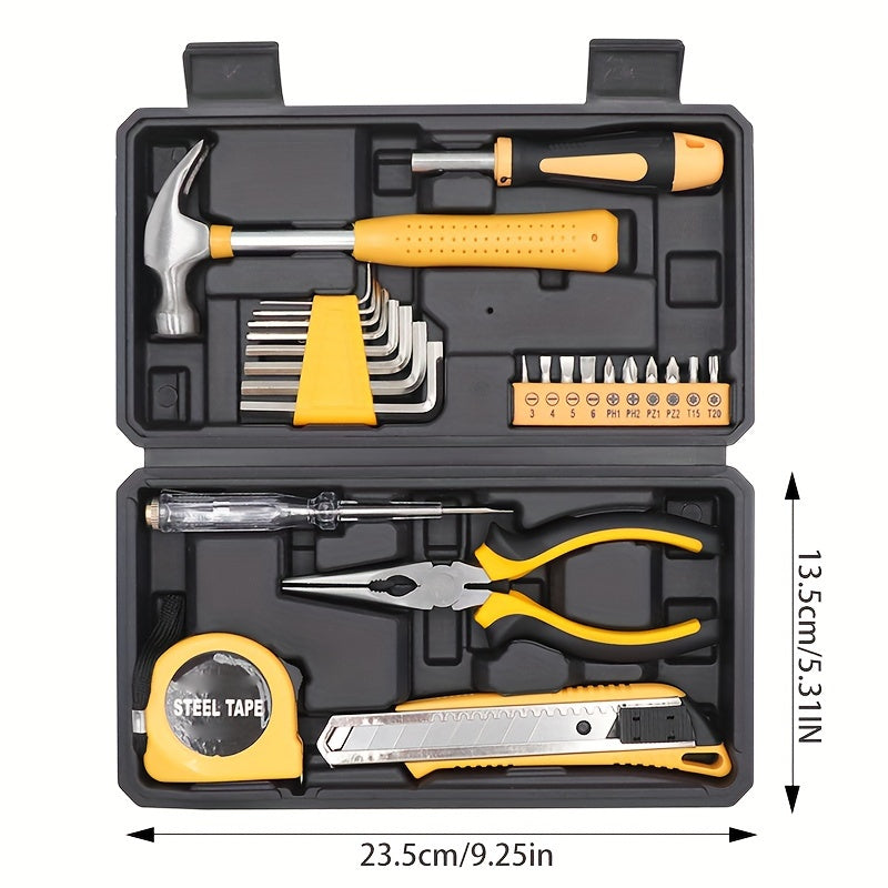 25/26 Piece Household Hand Tool Set with Yellow Plastic Toolbox for DIY and Home Repairs