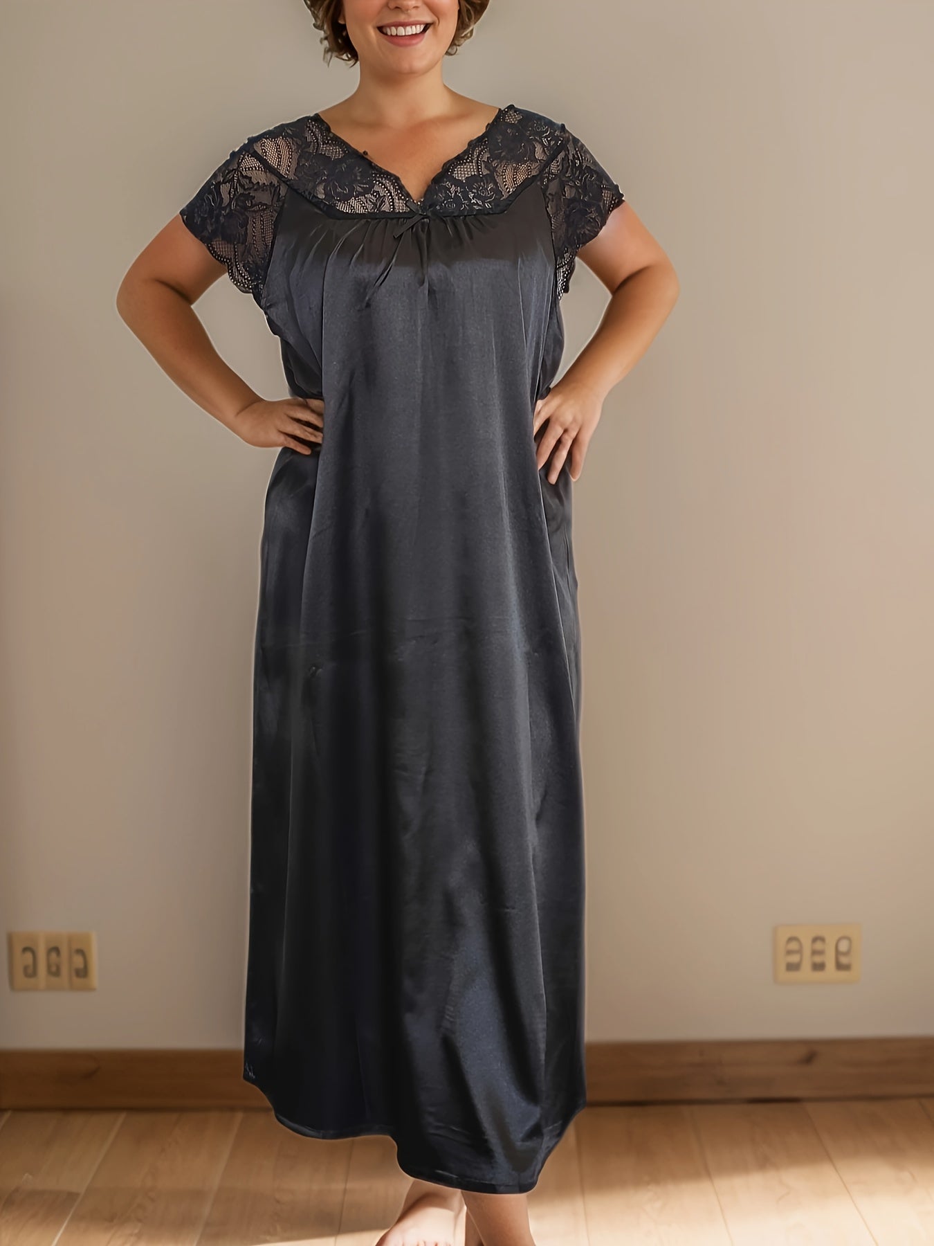 Plus Size Black Lace Trim V-Neck Nightdress for Sleep and Lounge