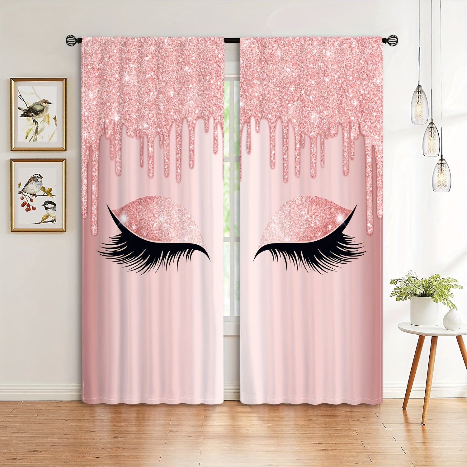 Set of Two Eyelash Printed Curtains, Rod Pocket Window Treatments for Bedroom and Living Room