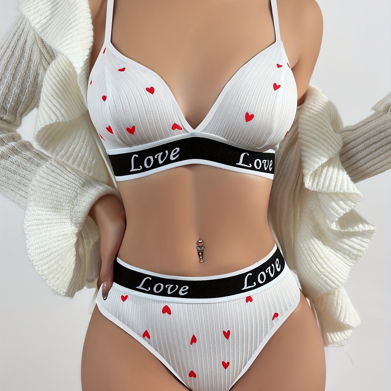 Women's Cartoon Lingerie Set Made of Polyester and Elastane with Letter and Lip Prints