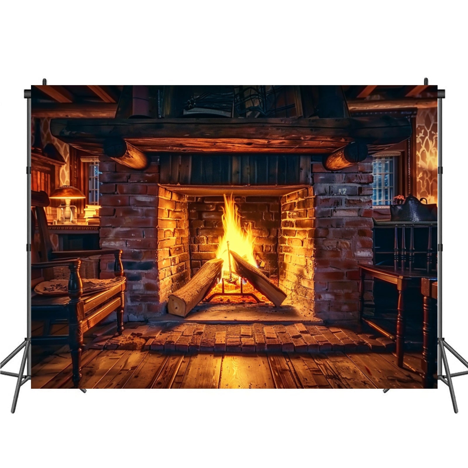Realistic Fireplace Polyester Backdrop with Burning Wood Design in Multiple Sizes