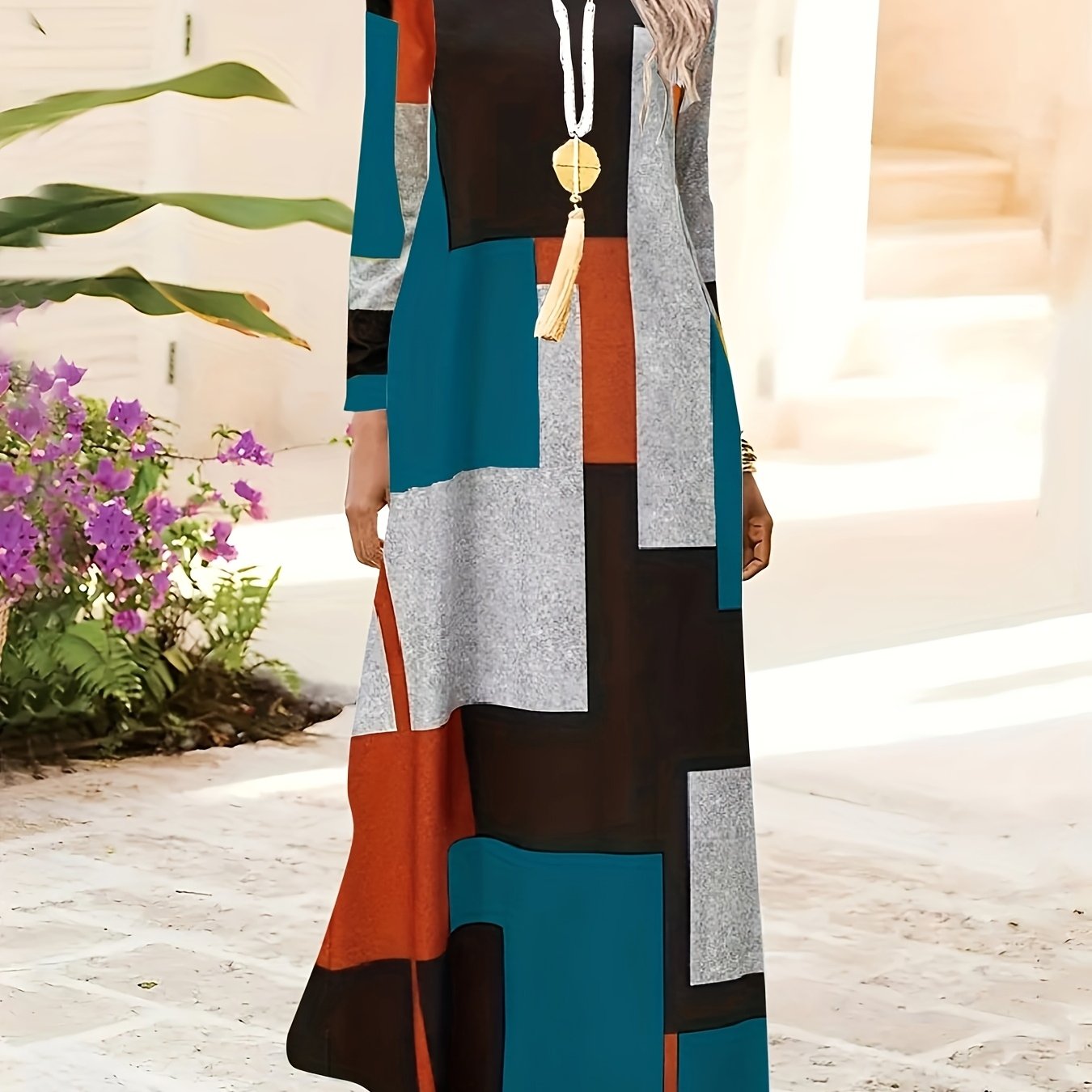 Plus Size Women's Geometric Print Knit Dress with Long Sleeves Crew Neck Casual Fit and Flare