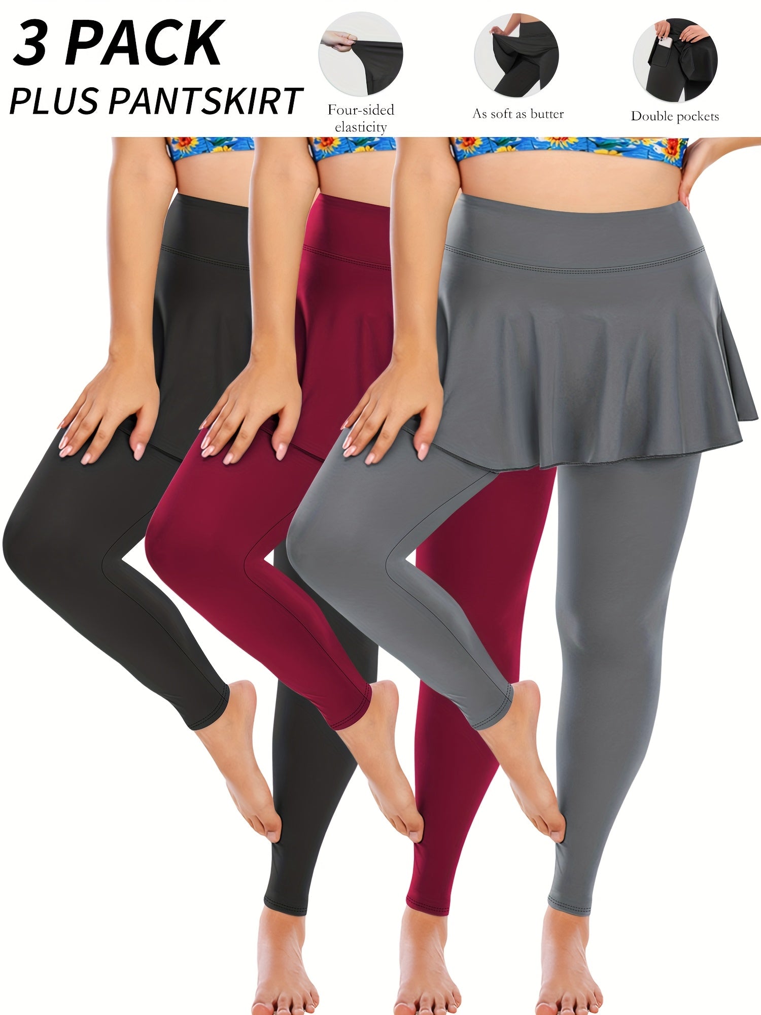 Plus Size Women Tennis Skirted Leggings with Pockets Capris Yoga Wear
