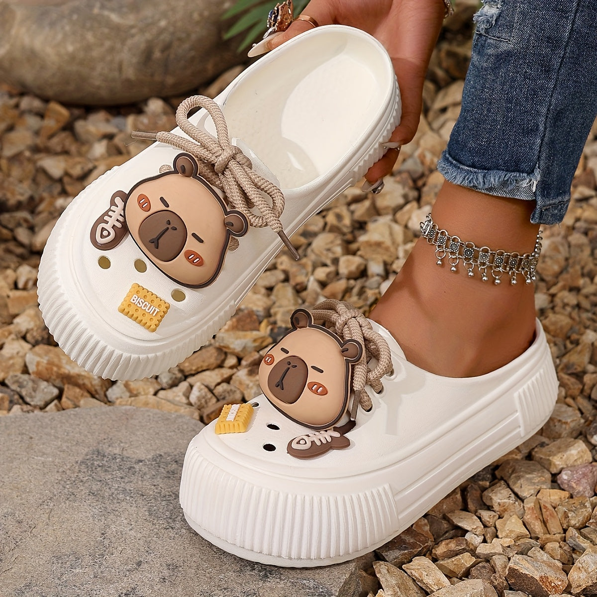 Women's Summer White EVA Clogs with Bear Charm and Thick Sole