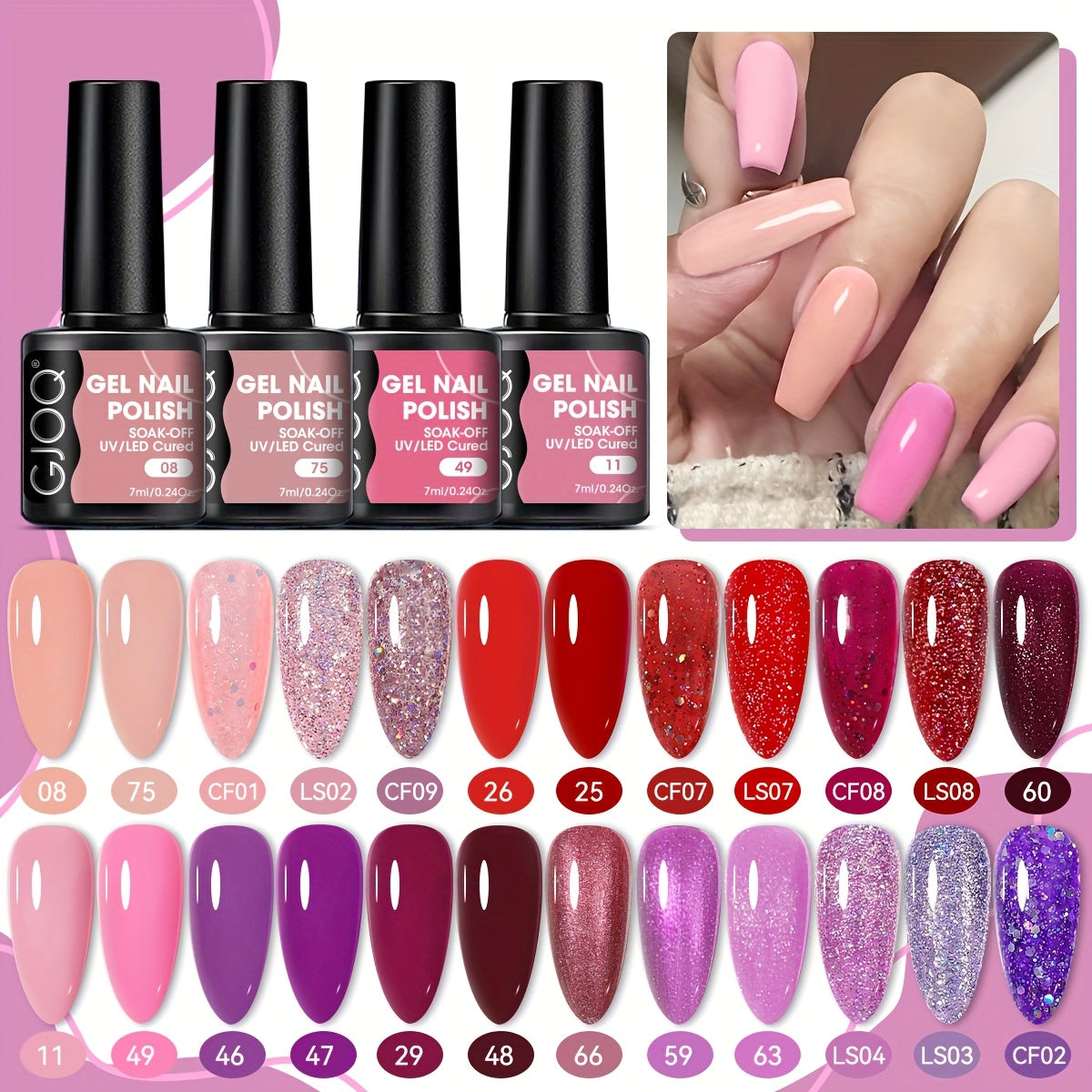 Gel Nail Polish Pink Purple Glitter Soak Off LED Manicure All Seasons