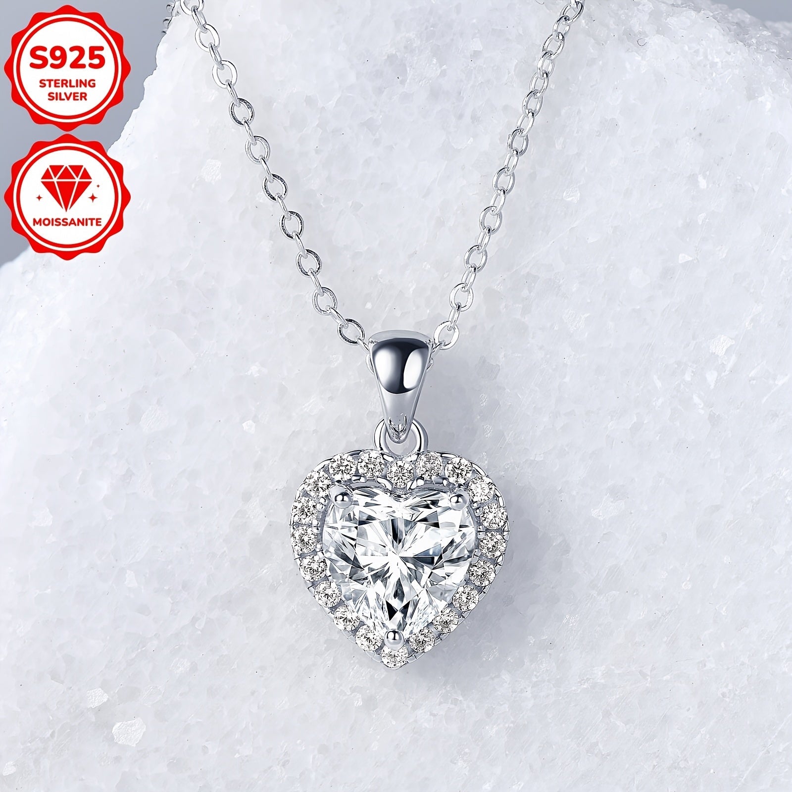 Women's Heart-Shaped Sterling Silver Necklace with 2ct Moissanite Halo Pendant