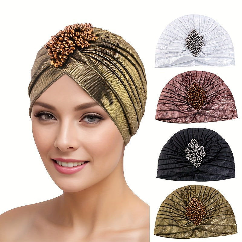Elegant Gold Headscarf with Vintage Pleats and Diamond-Shaped Jewels, Embossed Indian and Arabian Ethnic Hats