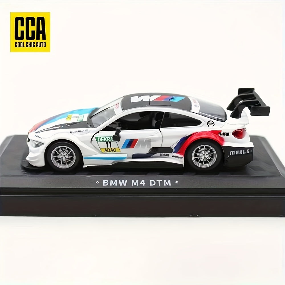 Coche de modelo en fundición a presión escala 1:44 BMW M4 DTM blanco azul, juguete de carreras para niños y coleccionistas