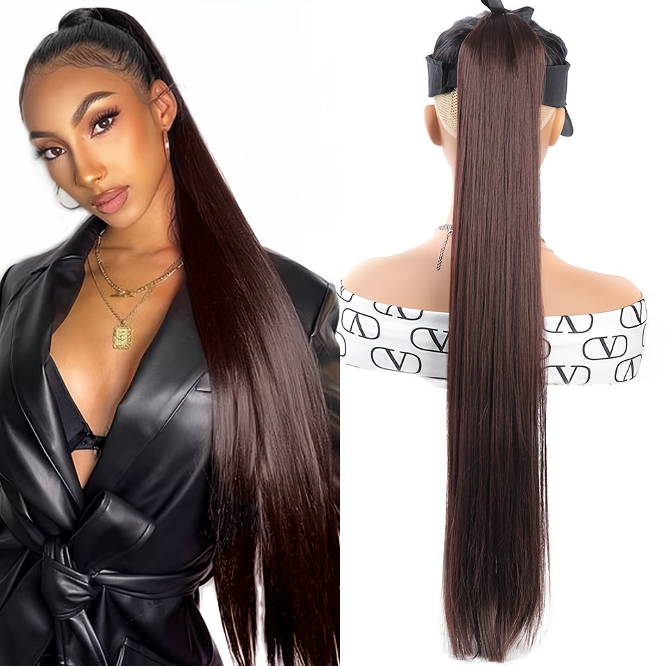 Women Black Synthetic Straight Ponytail Hair Extension 81.28cm Drawstring Style