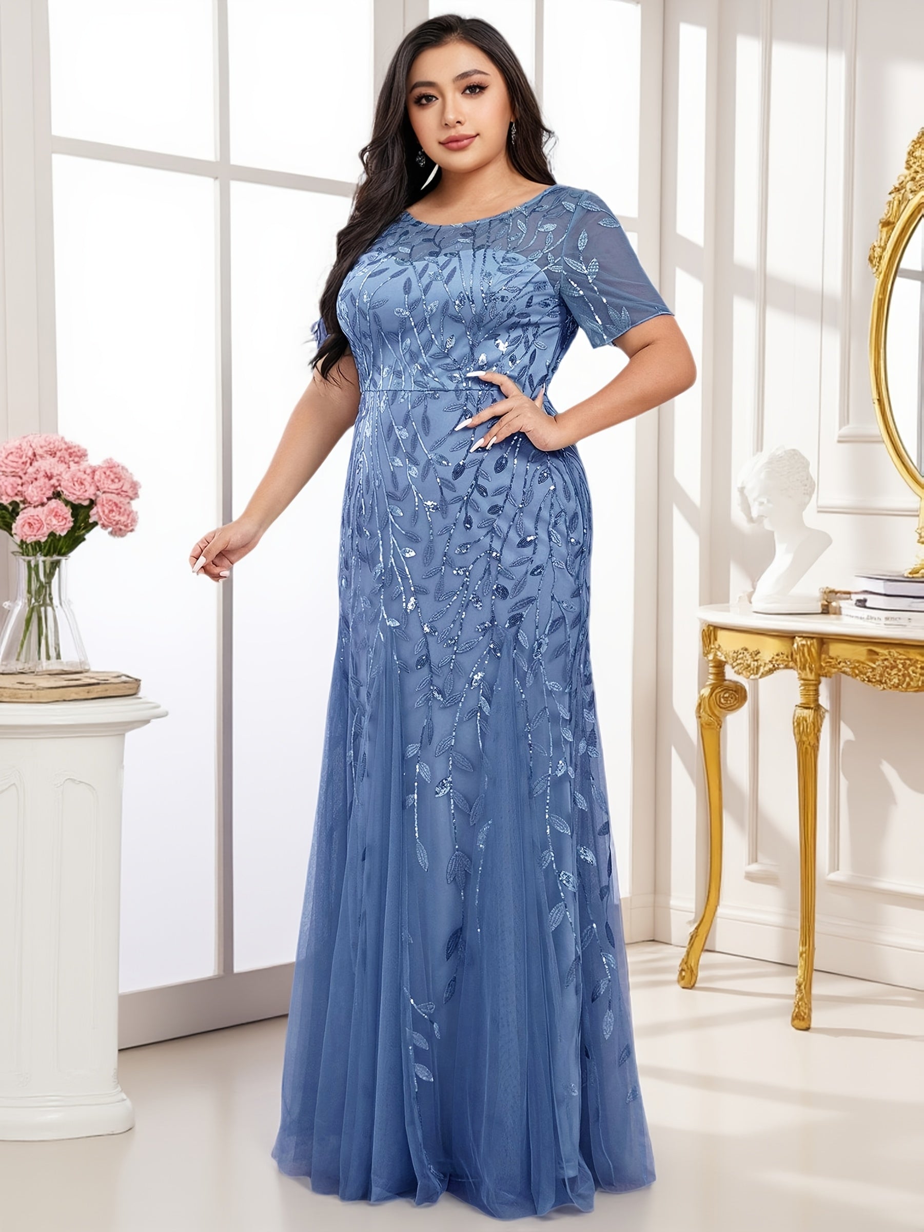 Plus Size Women’s Mermaid Evening Gown Sparkling Sequin Short Sleeves