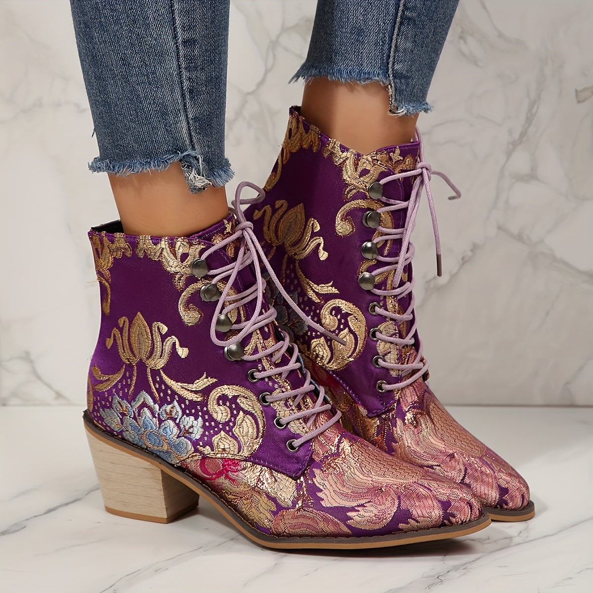 Women Lace-Up Ankle Booties with Floral Embroidery Pointed Toe High Heel